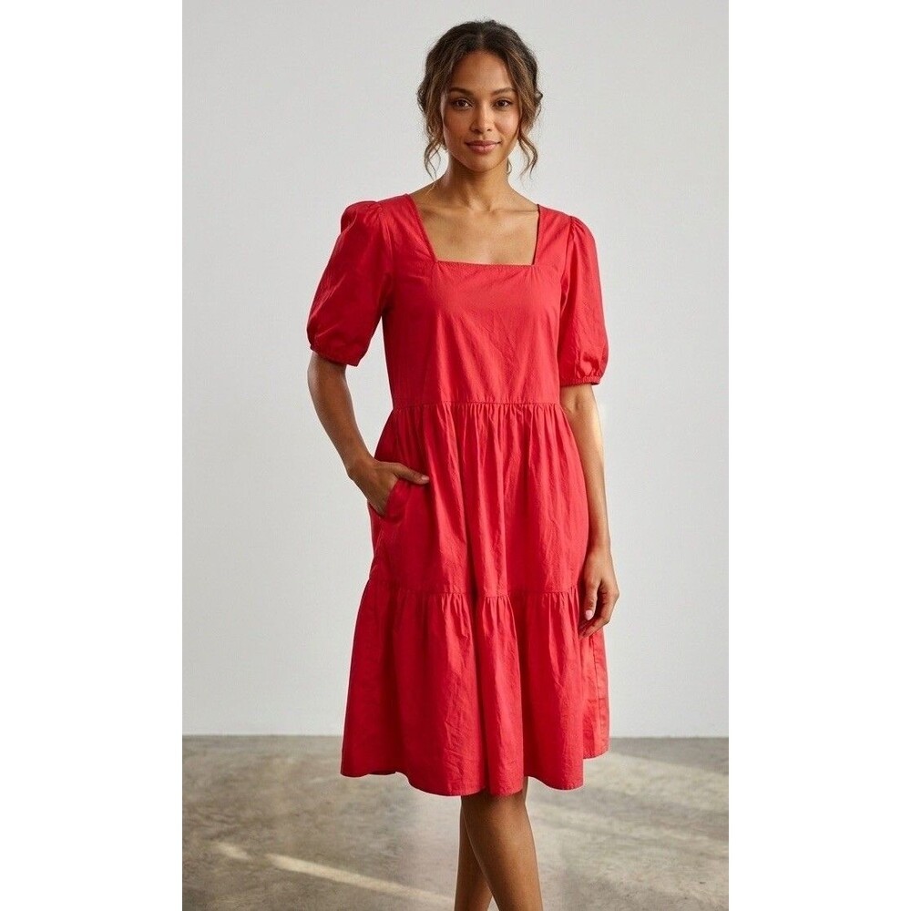 Maude Vivante Square Neck Puff Sleeves Tiered Skirt 100% Cotton Fuchsia Dress S